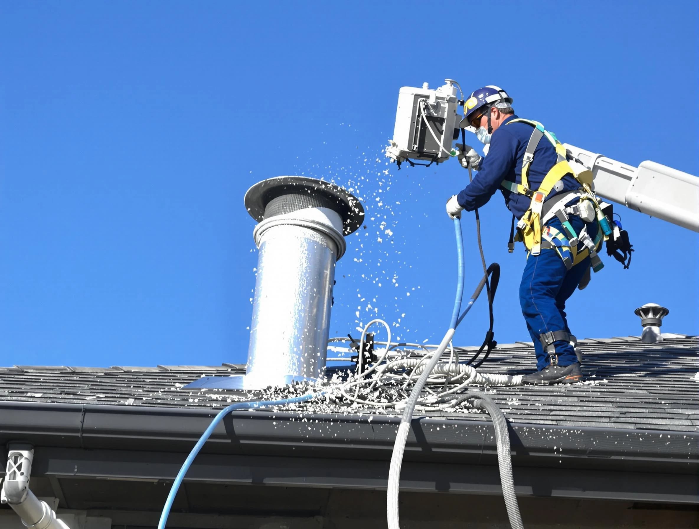 Hueytown Dryer Vent Cleaning certified technician safely cleaning a roof-mounted dryer vent in Hueytown