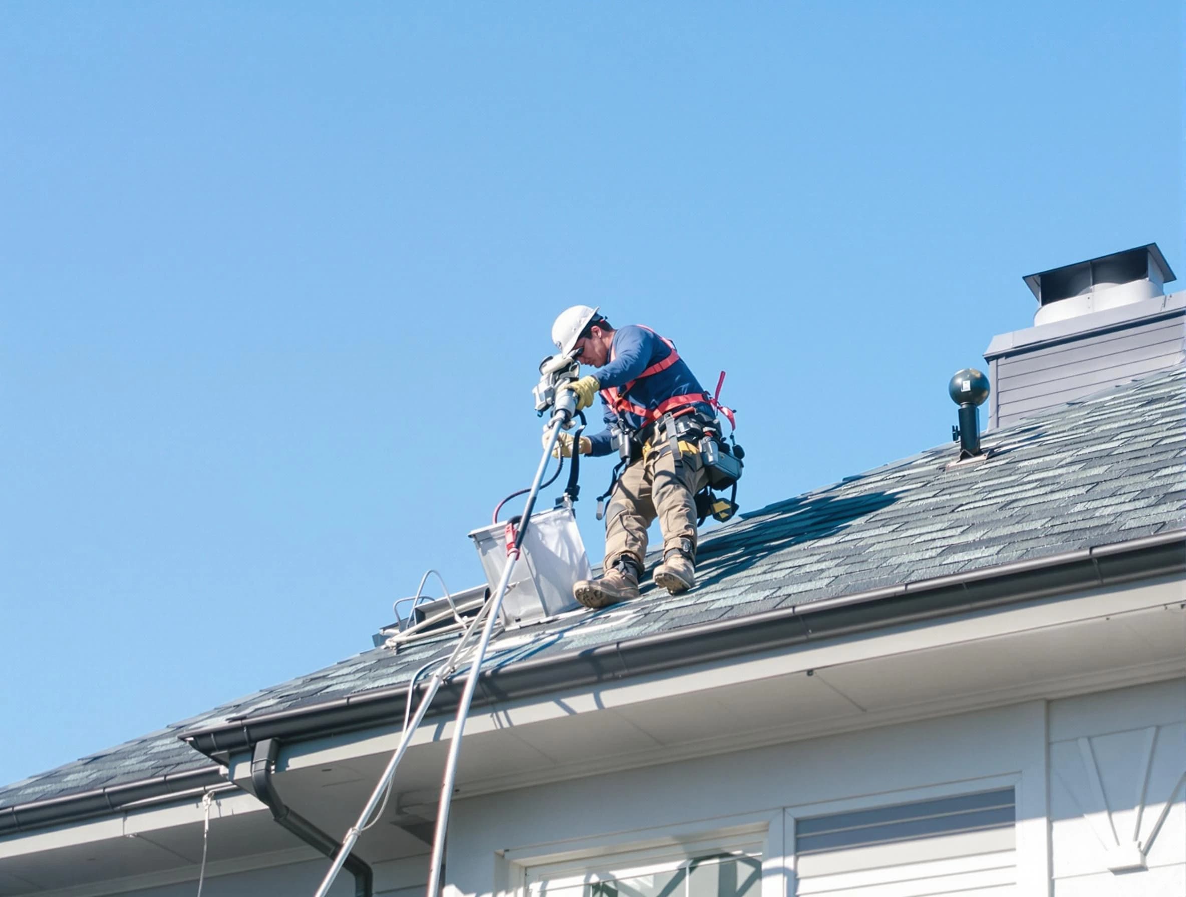 Hueytown Dryer Vent Cleaning certified technician cleaning a roof-mounted dryer vent system in Hueytown