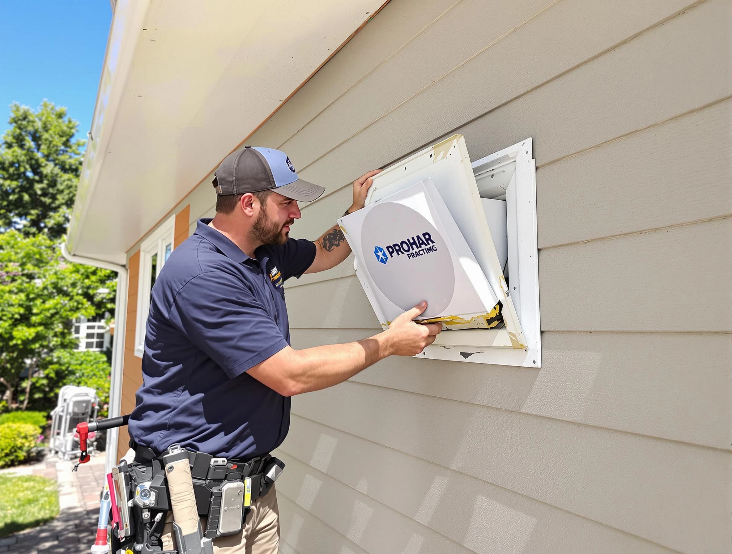 Hueytown Dryer Vent Cleaning technician installing a new protective dryer vent cover on a home in Hueytown