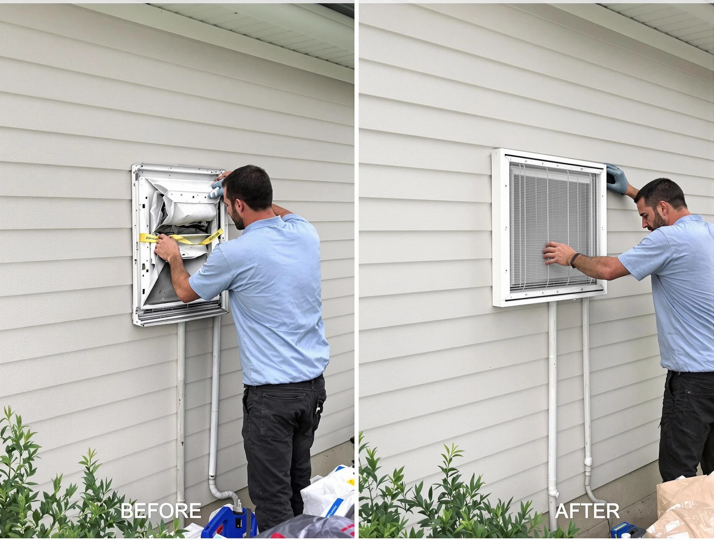 Hueytown Dryer Vent Cleaning technician installing high-quality dryer vent cover at a residential property in Hueytown